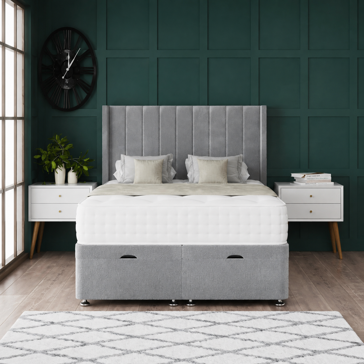 Amelia Wing Ottoman Storage Divan Bed With Floor Standing Headboard