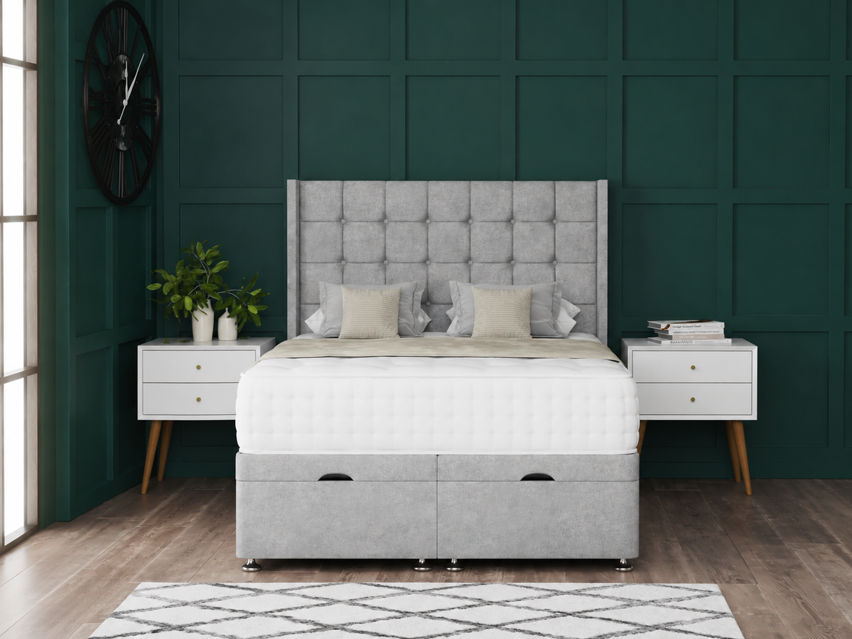 Omega Ottoman Storage Divan Bed With Floor Standing Wing Headboard