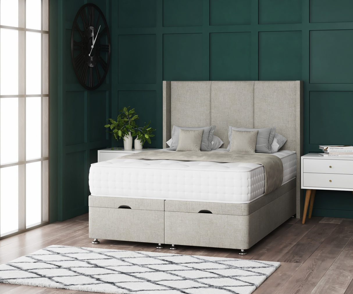 3 Panel Ottoman Storage Divan Bed With Floor Standing Wing Headboard