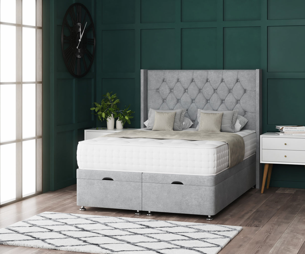 Princess Ottoman Storage Divan Bed With Floor Standing Wing Headboard