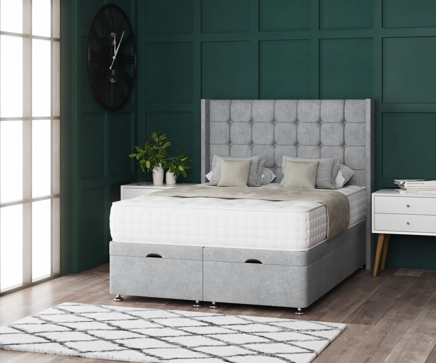 Omega Ottoman Storage Divan Bed With Floor Standing Wing Headboard