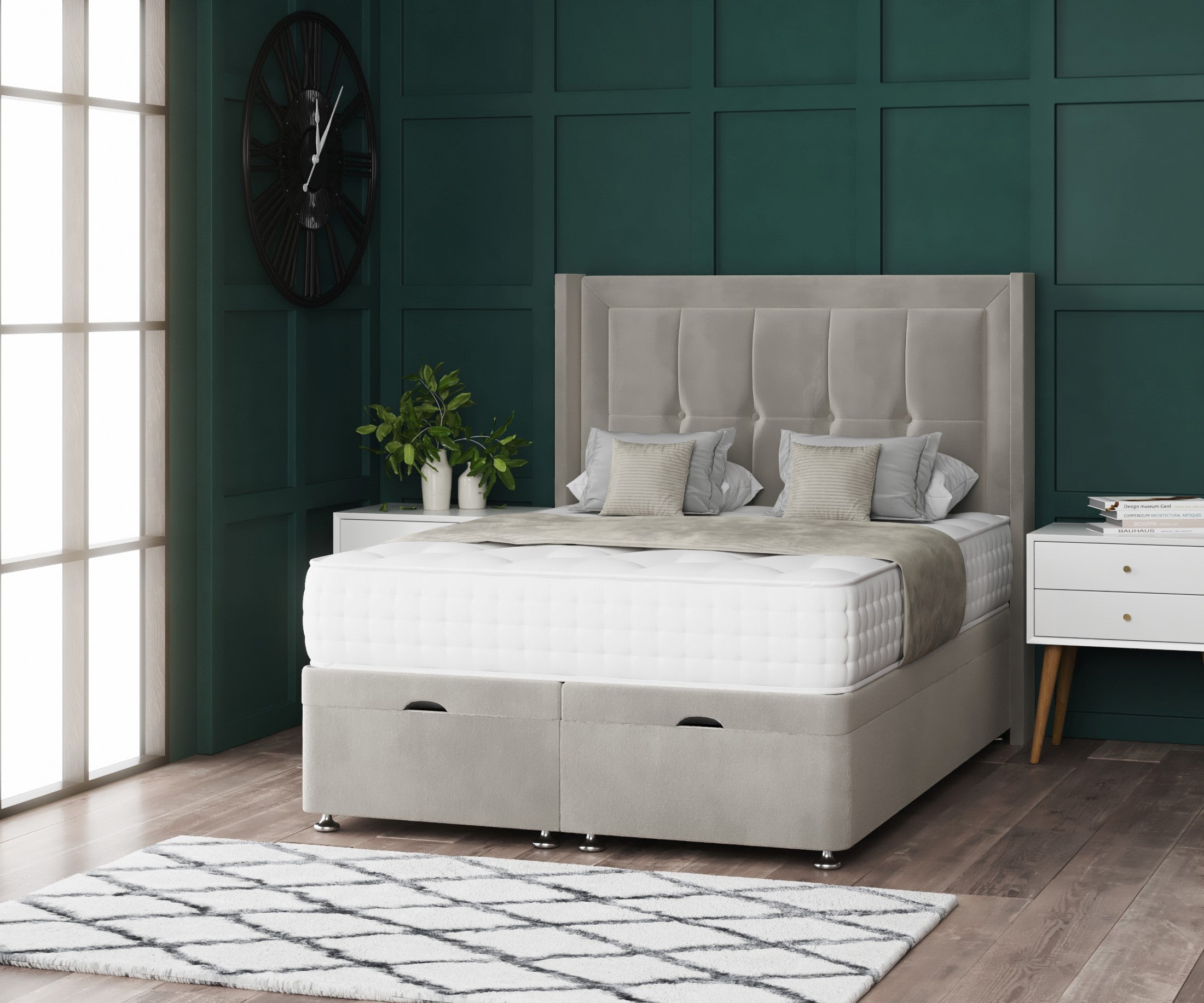 Venice Ottoman Storage Divan Bed With Floor Standing Wing Headboard