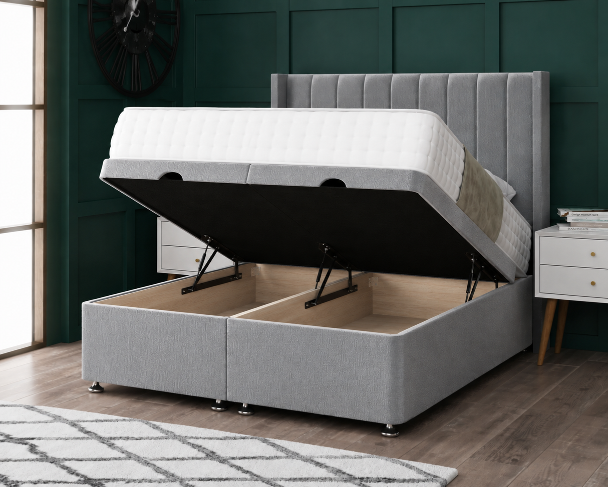Amelia Wing Ottoman Storage Divan Bed With Floor Standing Headboard