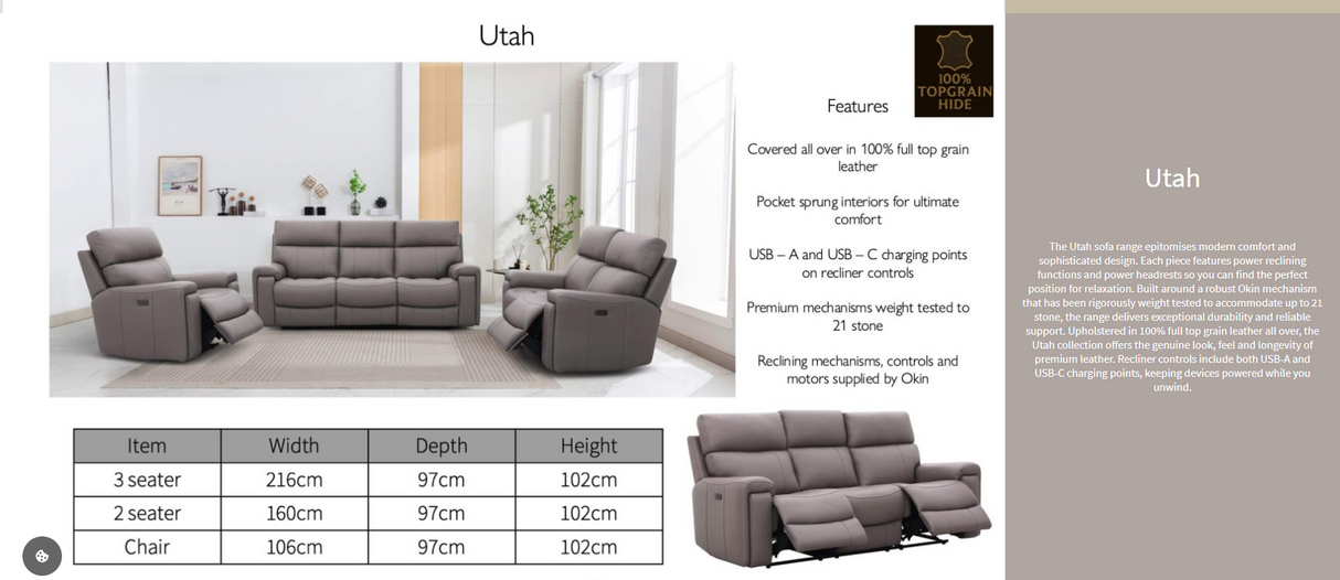 Utah Genuine Leather 3 Seater Recliner Sofa – view 4