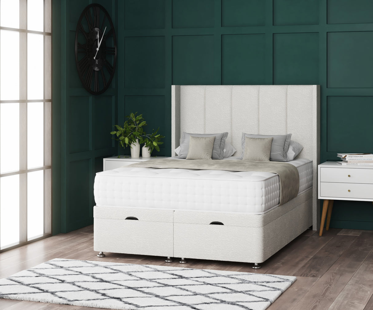 5 Panel Ottoman Storage Divan Bed With Floor Standing Wing Headboard