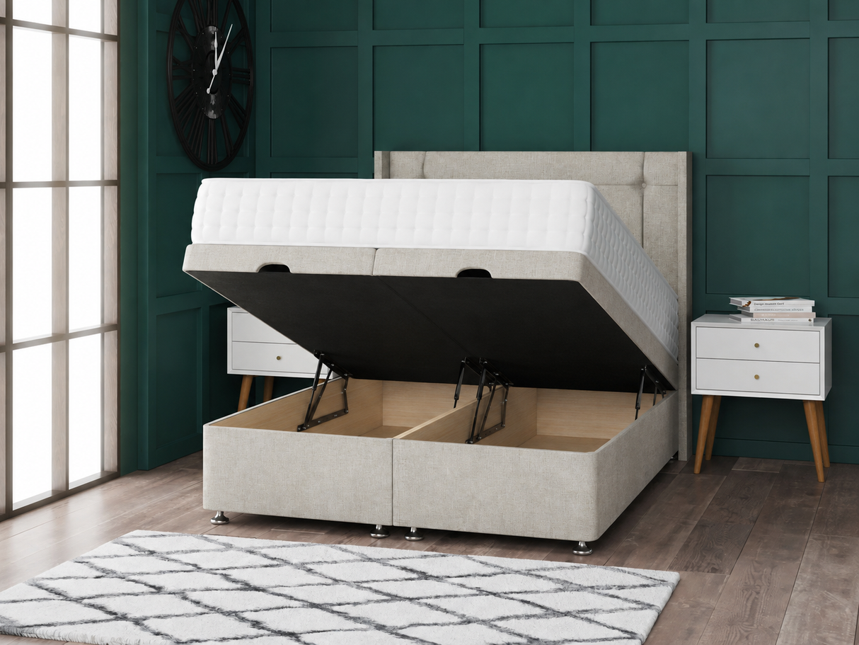 Milan Ottoman Storage Divan Bed With Floor Standing Wing Headboard