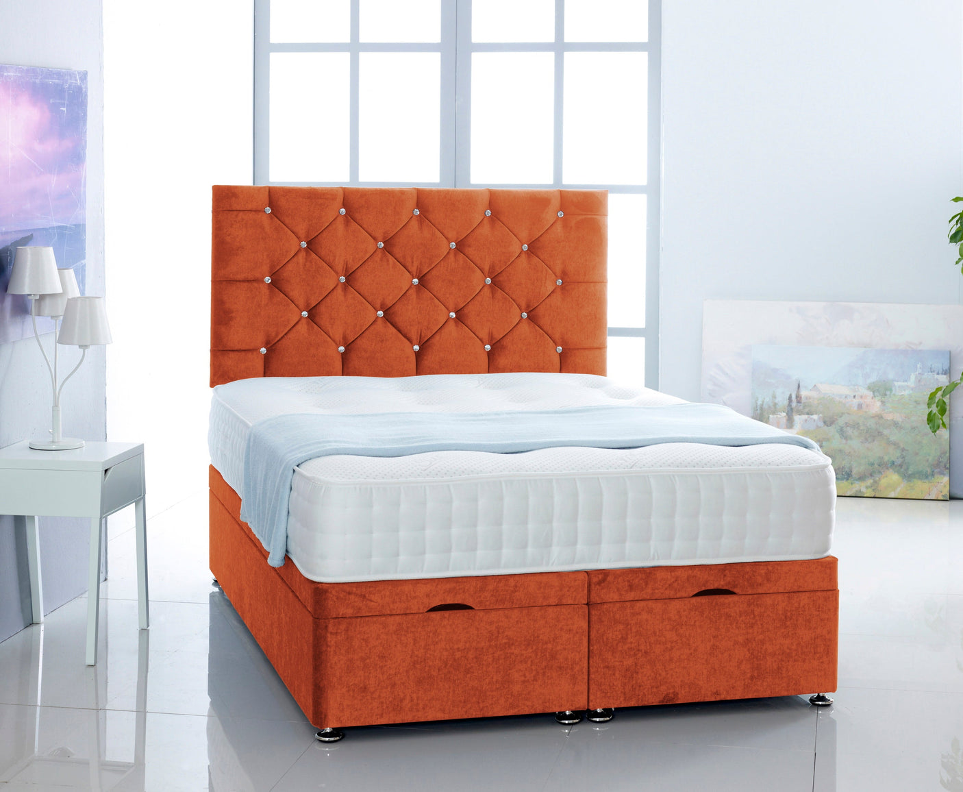 Naples Soft Velvet Ottoman Storage Divan Bed With Chesterfield Headboard