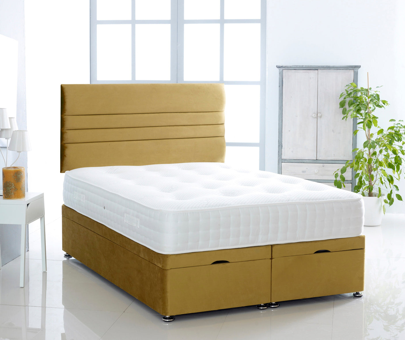 Plush Ottoman Storage Divan Bed With Horizontal Lined Headboard