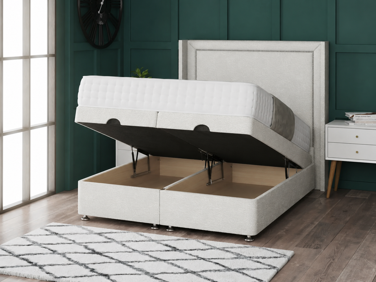 Hannah Beading Ottoman Storage Divan Bed With Floor Standing Wing Headboard