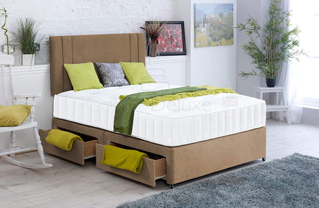 Beige-Soft-Velvet-Divan-Bed-Set-Memory-Mattress-Matching-Headboard-Storage-Drawers-Side-Drawers-Crush-Plush-Faux-Leather-Memory-Spring-Vertical-Lined-Headboard