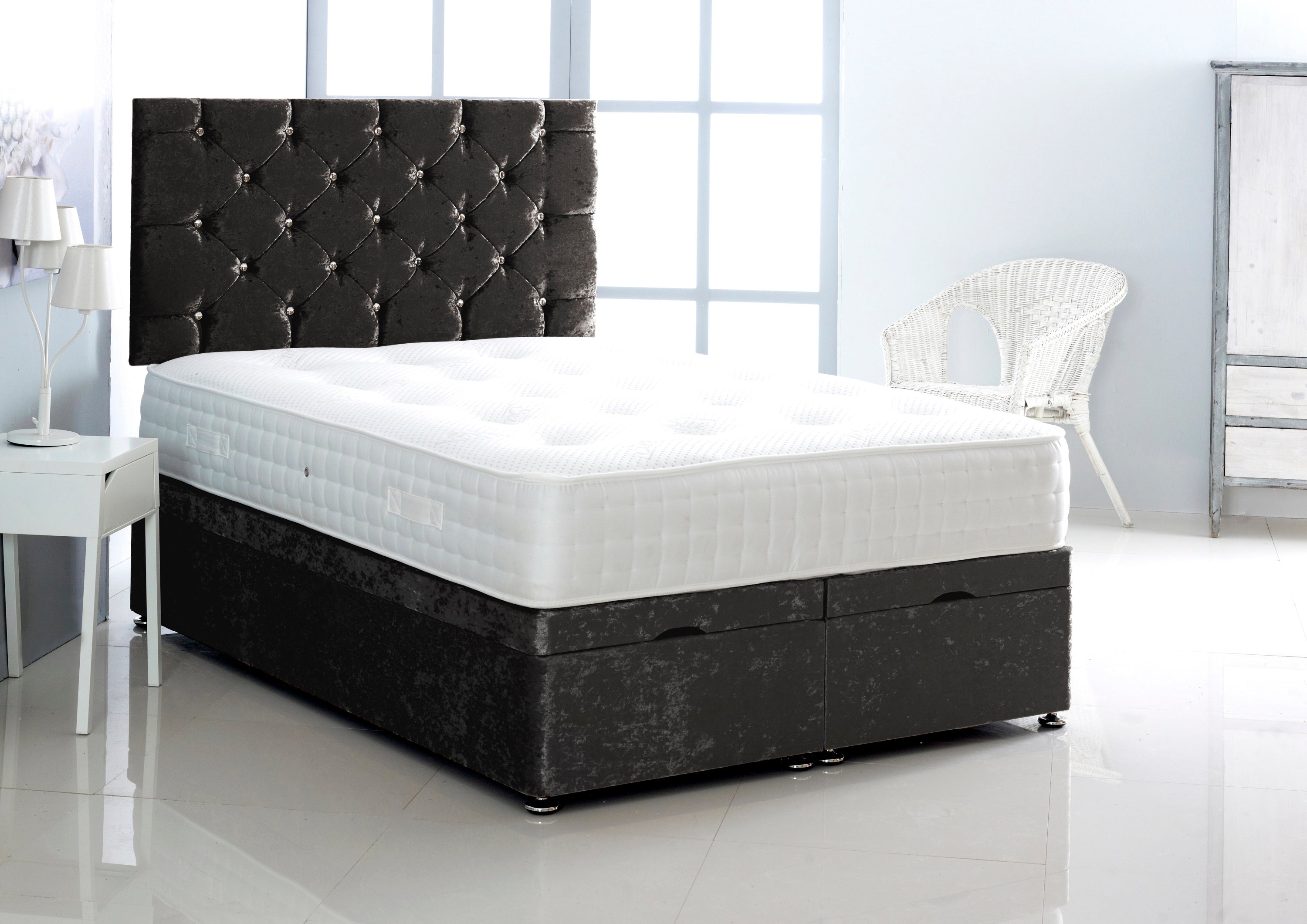 Crushed Velvet Ottoman Storage Divan Bed With Chesterfield Headboard