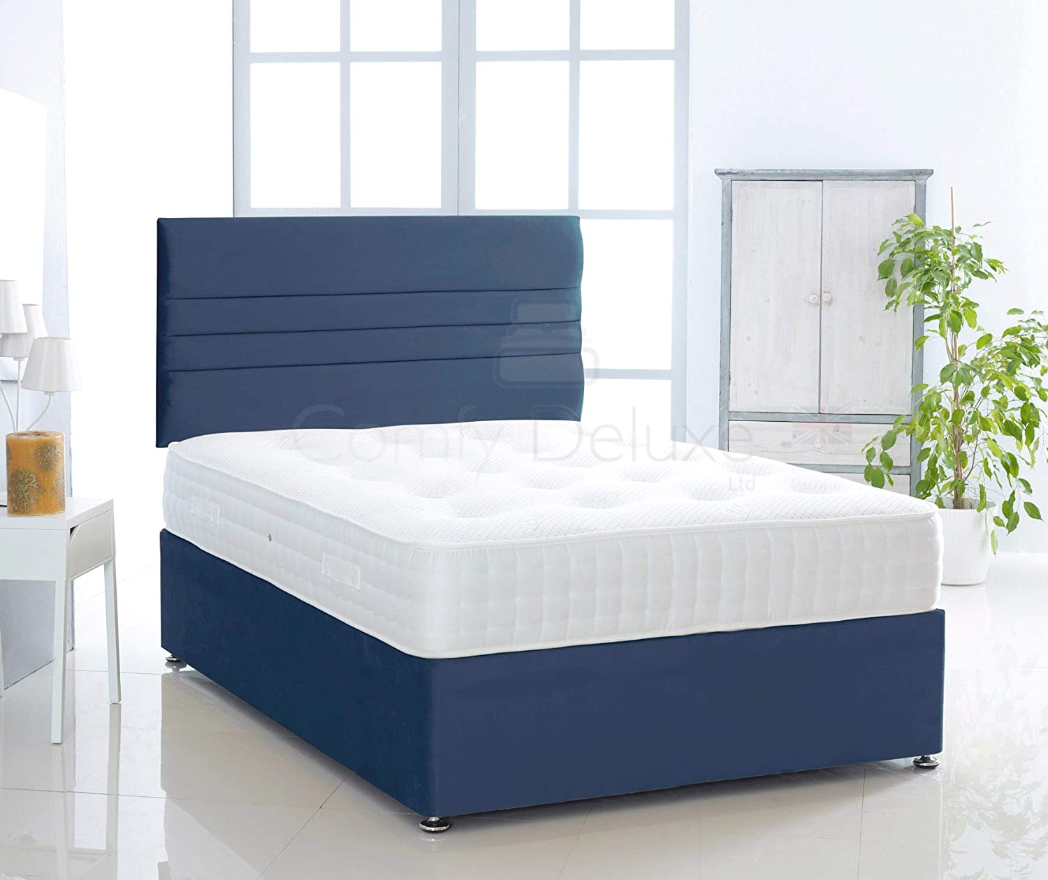 Blue-Verona-Plush-Pocket-Divan-Bed-Set-Lined-Headboard-Storage-Drawers-Faux-Leather-Chenille-Soft-Velvet-Lined-Headboard-Pocket-Mattress-Soft-Firm-Medium-Firm-Glides