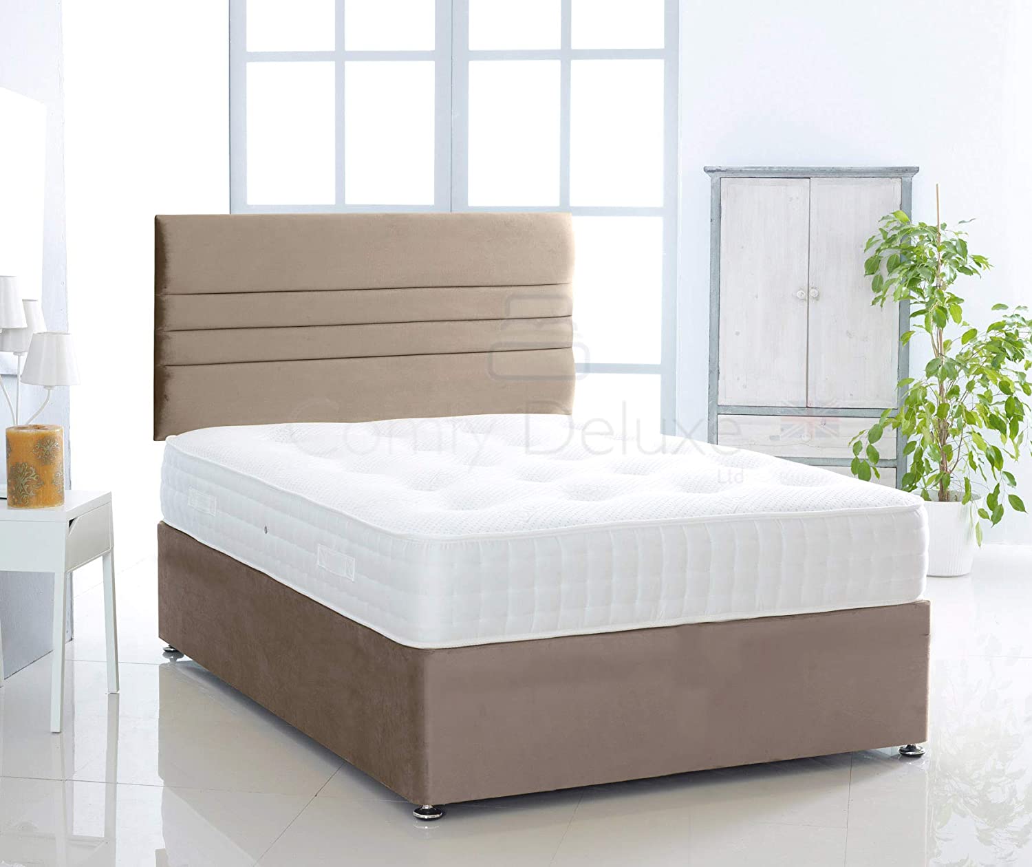 Coffee-Verona-Plush-Pocket-Divan-Bed-Set-Lined-Headboard-Storage-Drawers-Faux-Leather-Chenille-Soft-Velvet-Lined-Headboard-Pocket-Mattress-Soft-Firm-Medium-Firm-Glides