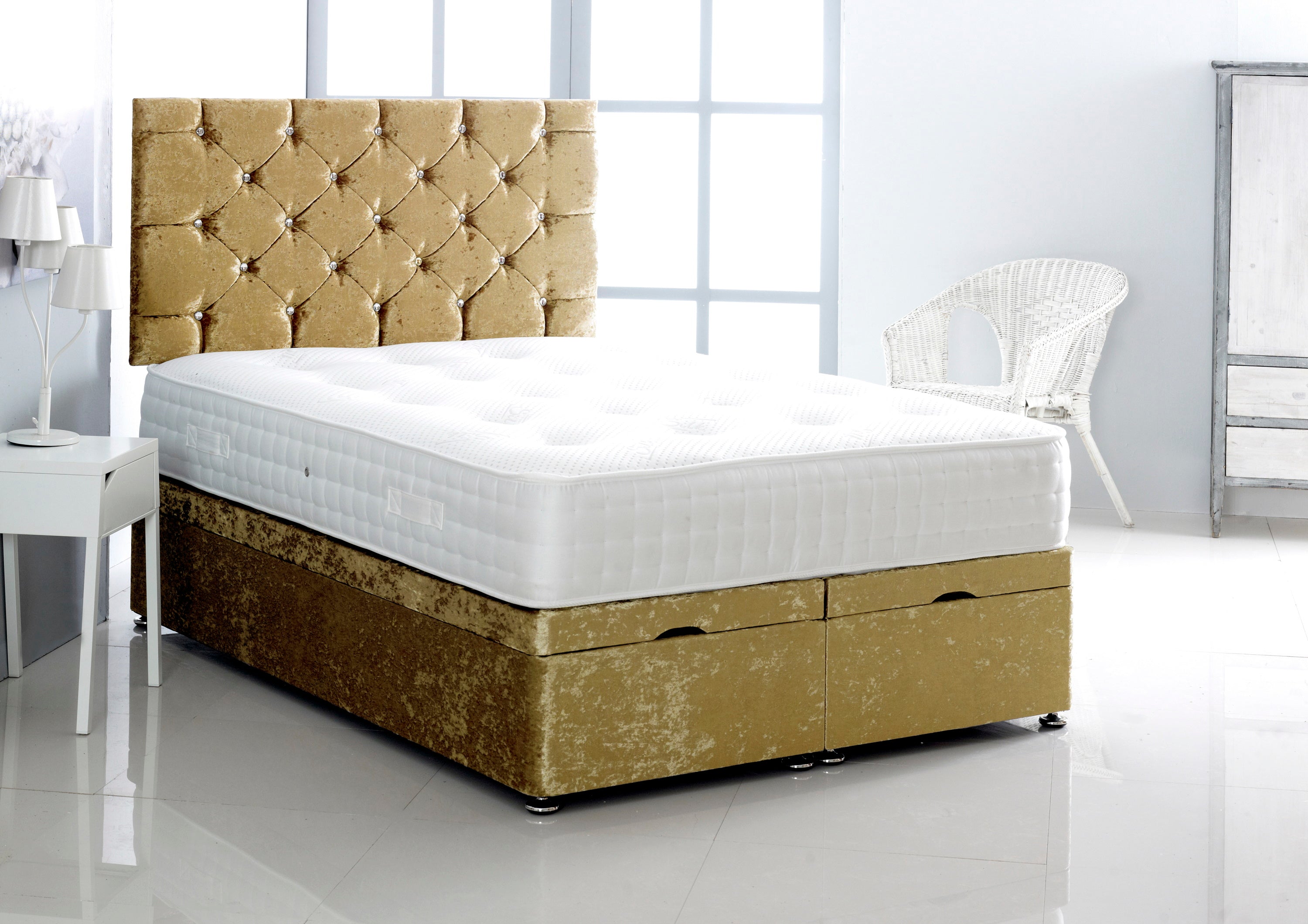 Crushed Velvet Ottoman Storage Divan Bed With Chesterfield Headboard