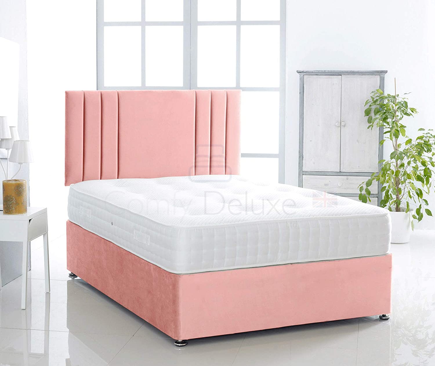 Pink-Plush-Pocket-Divan-Bed-Set-Lined-Headboard-Storage-Drawers-Faux-Leather-Chenille-Soft-Velvet-Lined-Headboard-Pocket-Mattress-Soft-Firm-Medium-Firm-Glides