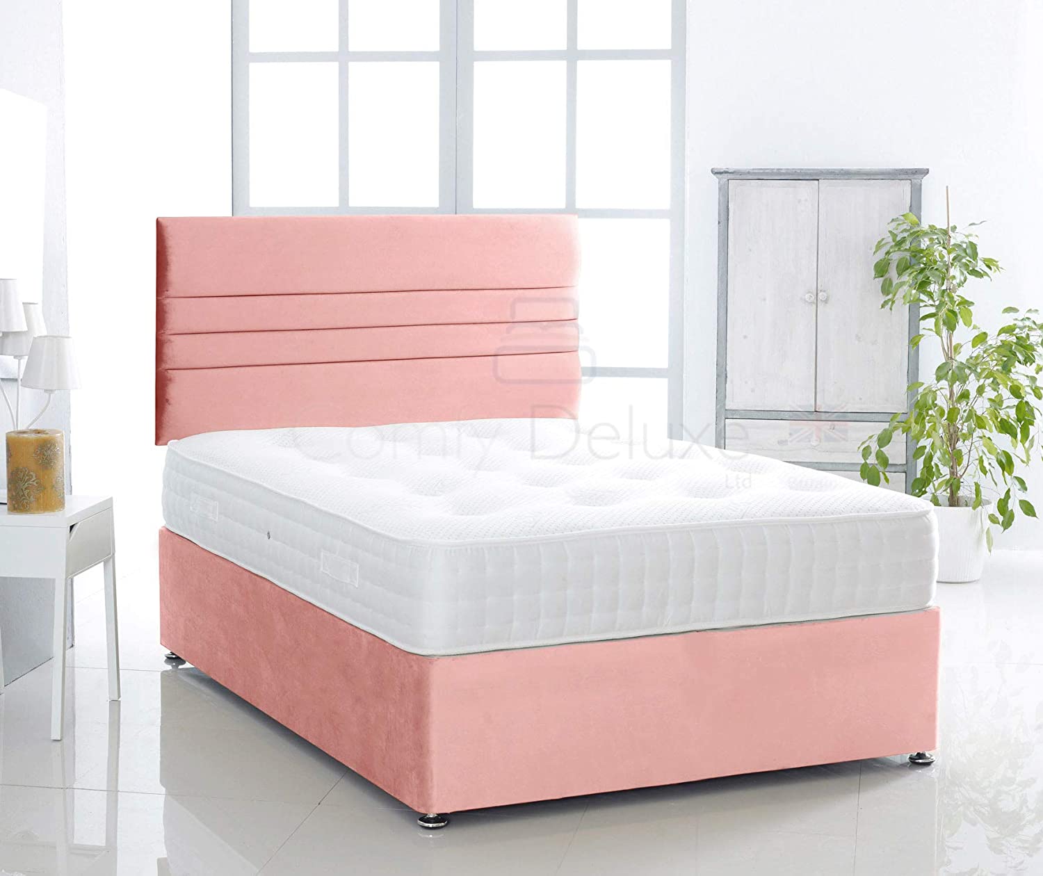 Baby-Pink-Verona-Plush-Pocket-Divan-Bed-Set-Lined-Headboard-Storage-Drawers-Faux-Leather-Chenille-Soft-Velvet-Lined-Headboard-Pocket-Mattress-Soft-Firm-Medium-Firm-Glides