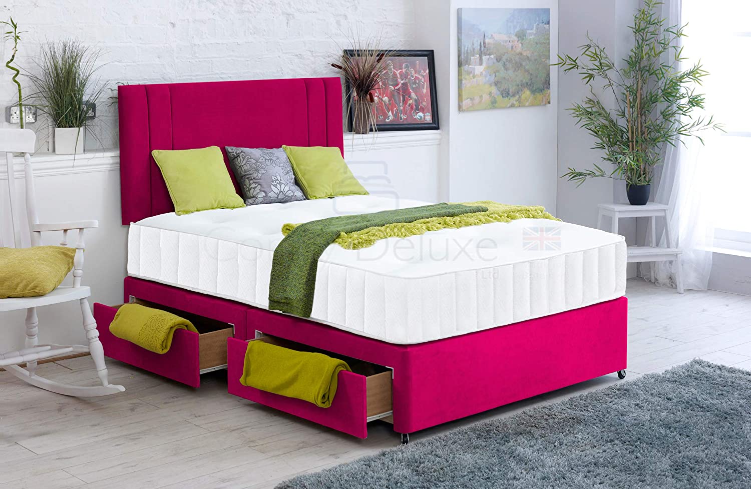 Pink-Soft-Velvet-Divan-Bed-Set-Memory-Mattress-Matching-Headboard-Storage-Drawers-Side-Drawers-Crush-Plush-Faux-Leather-Memory-Spring-Vertical-Lined-Headboard