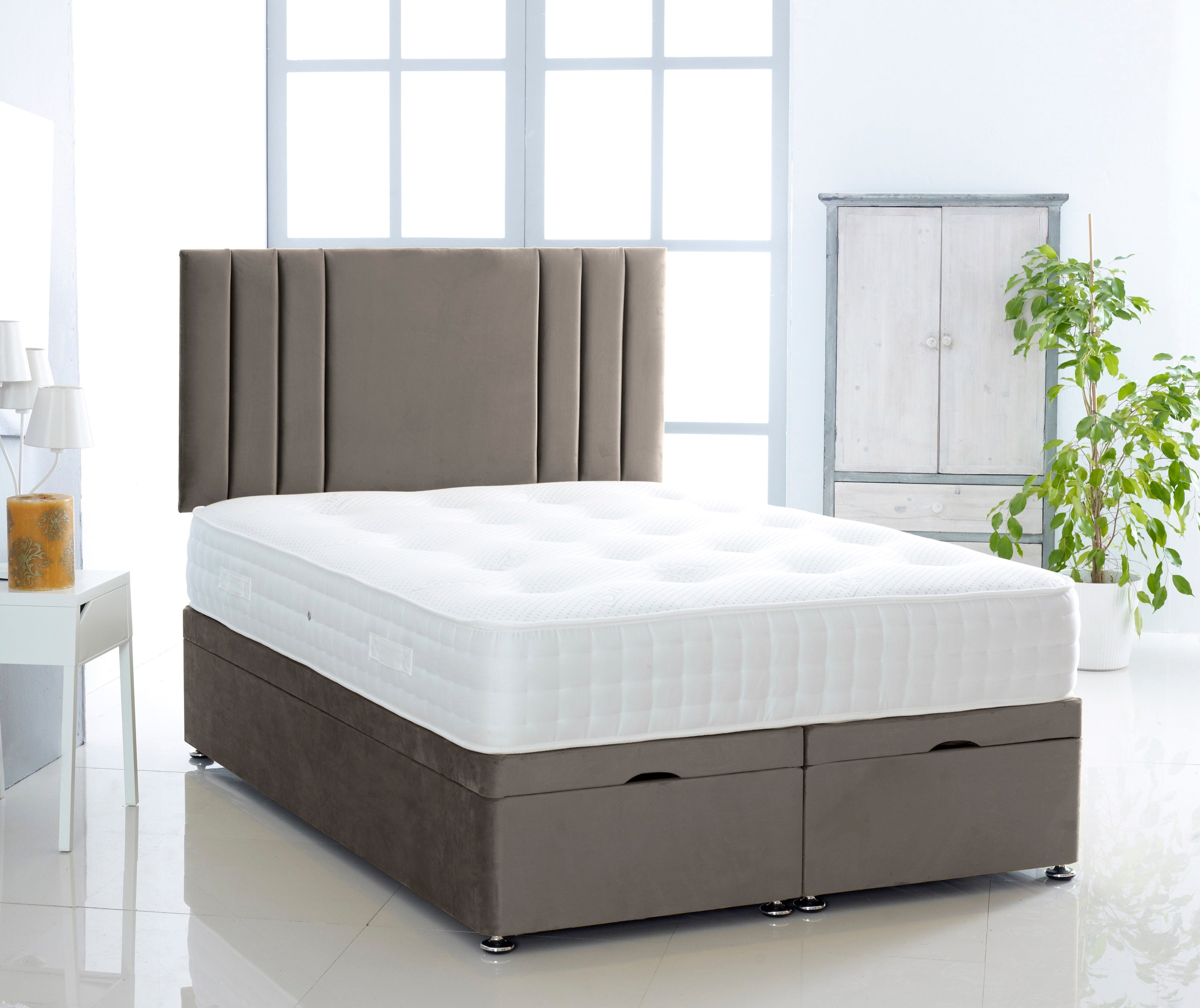 Plush Ottoman Storage Divan Bed With Vertical Lined Headboard