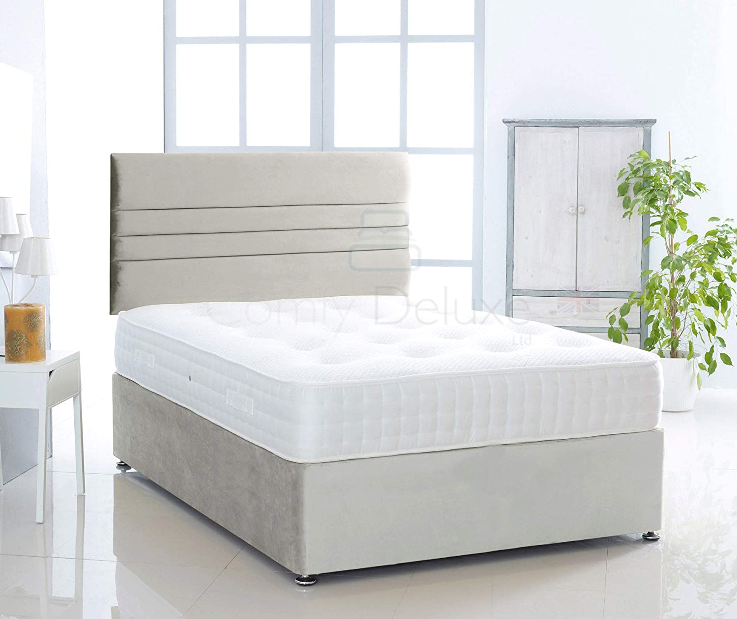 Silver-Verona-Plush-Pocket-Divan-Bed-Set-Lined-Headboard-Storage-Drawers-Faux-Leather-Chenille-Soft-Velvet-Lined-Headboard-Pocket-Mattress-Soft-Firm-Medium-Firm-Glides