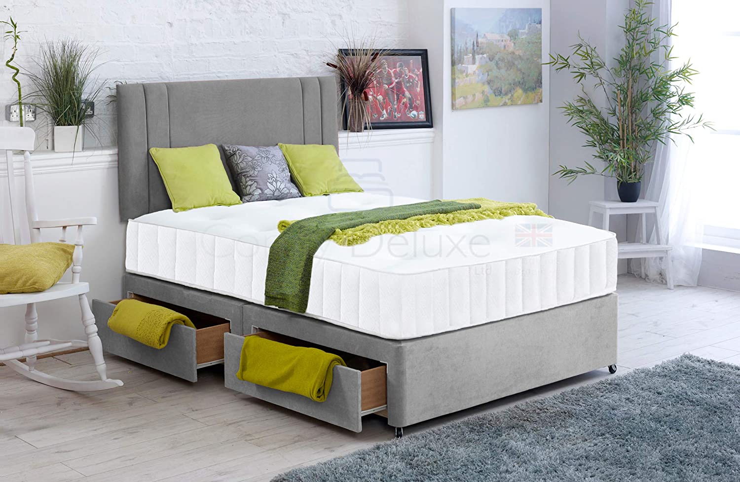 Silver-Soft-Velvet-Divan-Bed-Set-Memory-Mattress-Matching-Headboard-Storage-Drawers-Side-Drawers-Crush-Plush-Faux-Leather-Memory-Spring-Vertical-Lined-Headboard