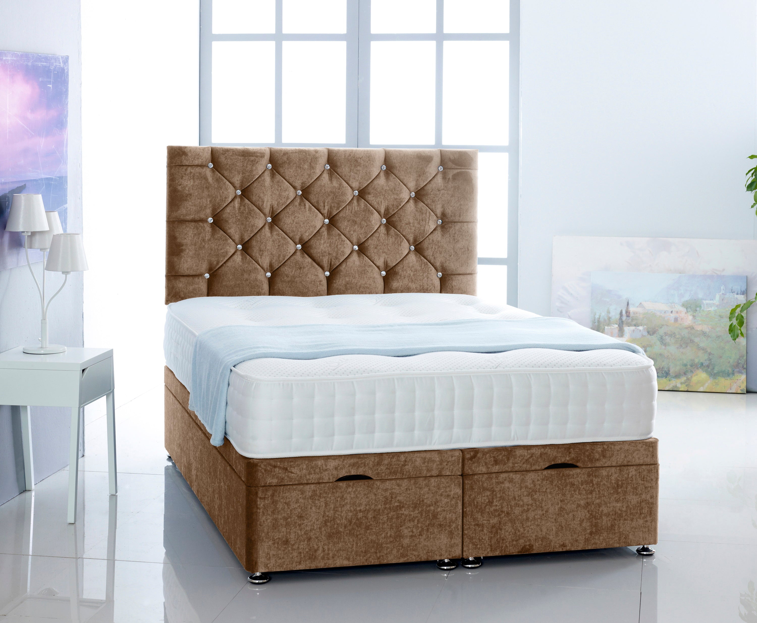 Naples Soft Velvet Ottoman Storage Divan Bed With Chesterfield Headboard
