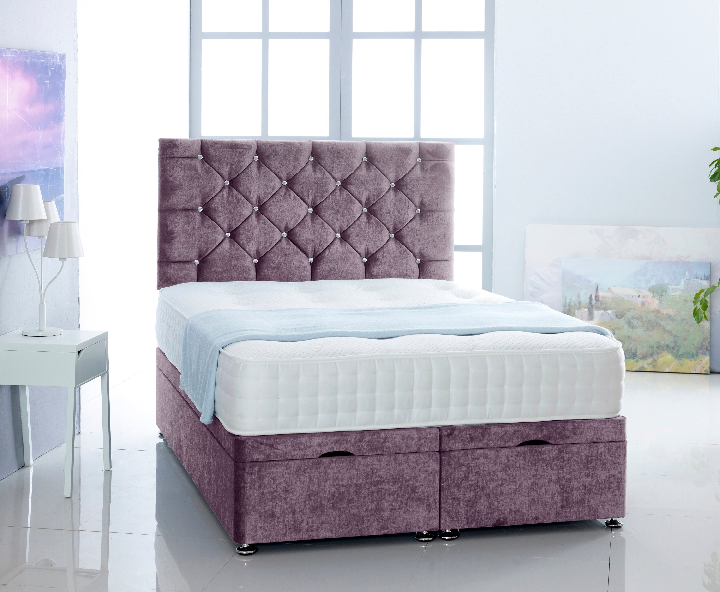 Naples Soft Velvet Ottoman Storage Divan Bed With Chesterfield Headboard