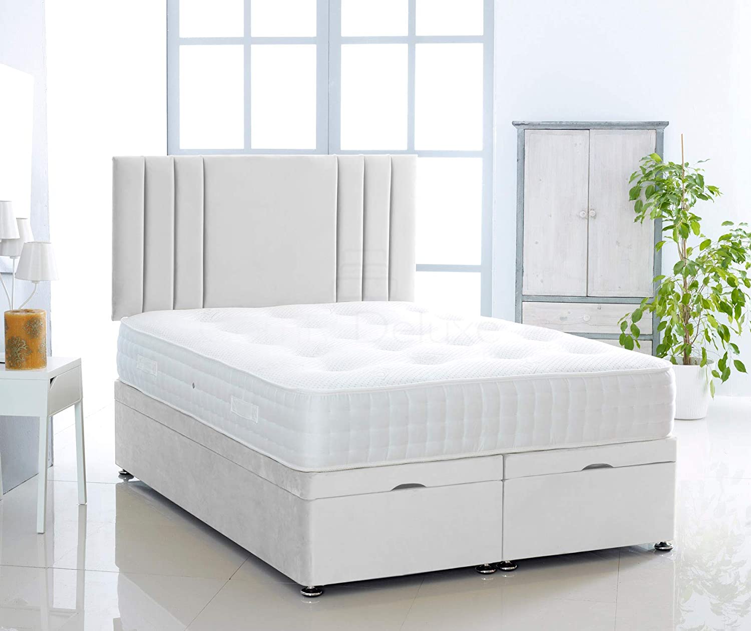 Plush Ottoman Storage Divan Bed With Vertical Lined Headboard