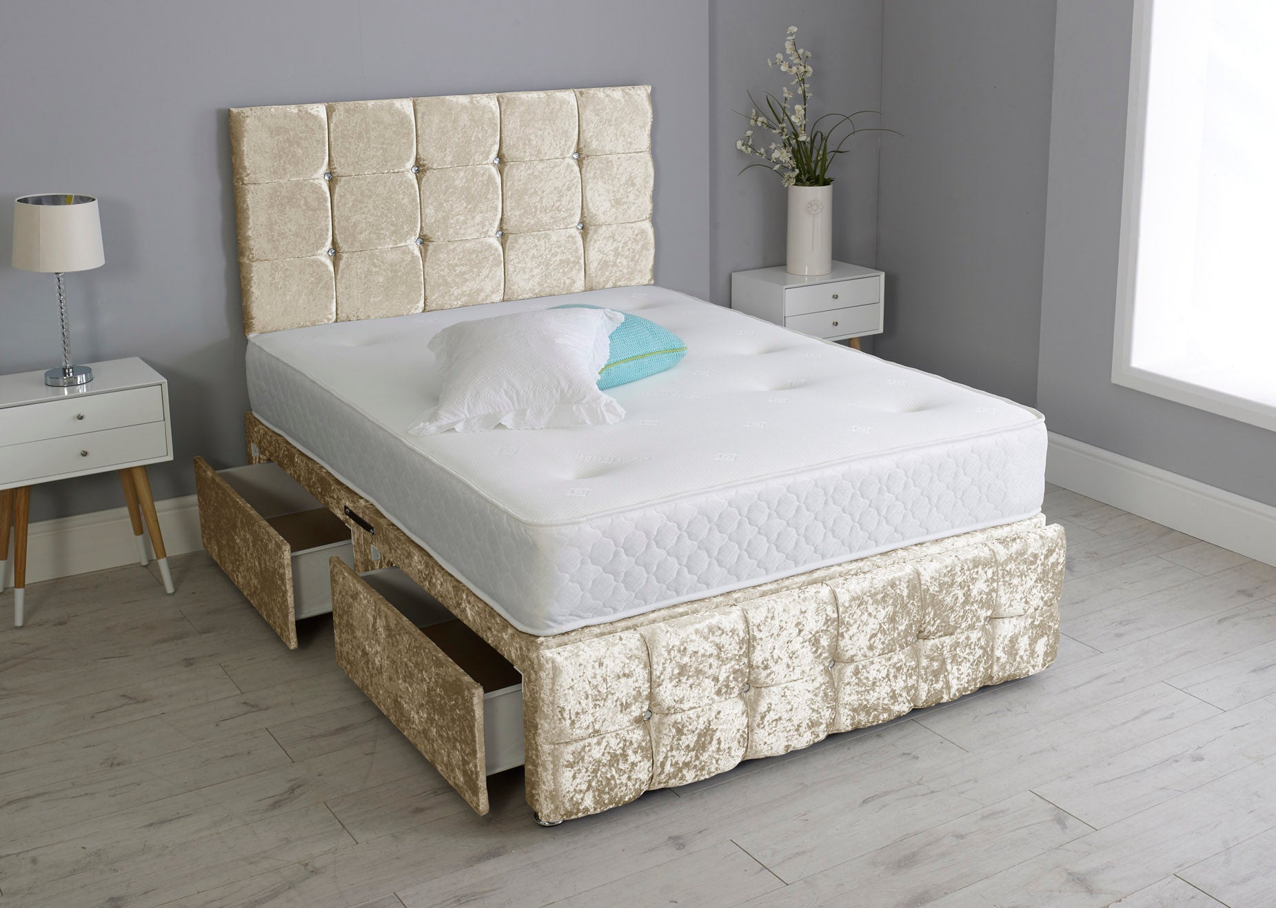 Cuboid Cube Divan Bed Set With Footboard And Memory Orthopaedic Mattress