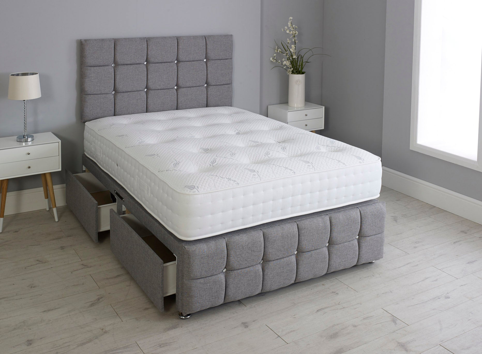 Cuboid Cube Divan Bed Set With Footboard And Pocket Mattress And Headboard