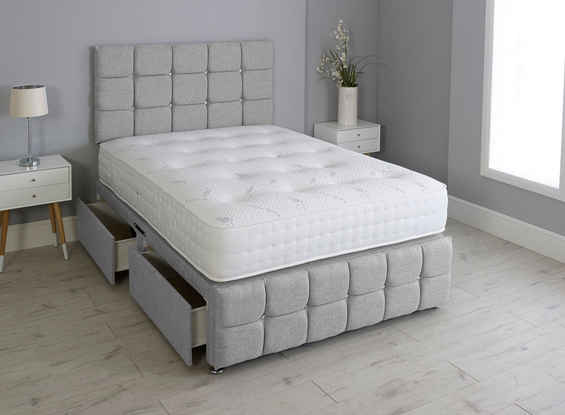 Cuboid Cube Divan Bed Set With Footboard And Pocket Mattress And Headboard