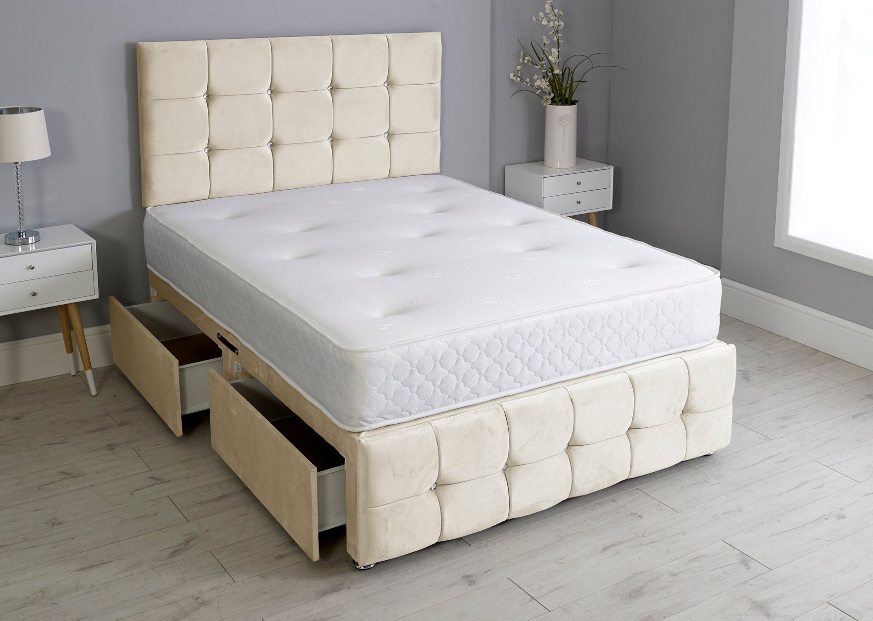 Cuboid Cube Divan Bed Set With Footboard And Memory Orthopaedic Mattress