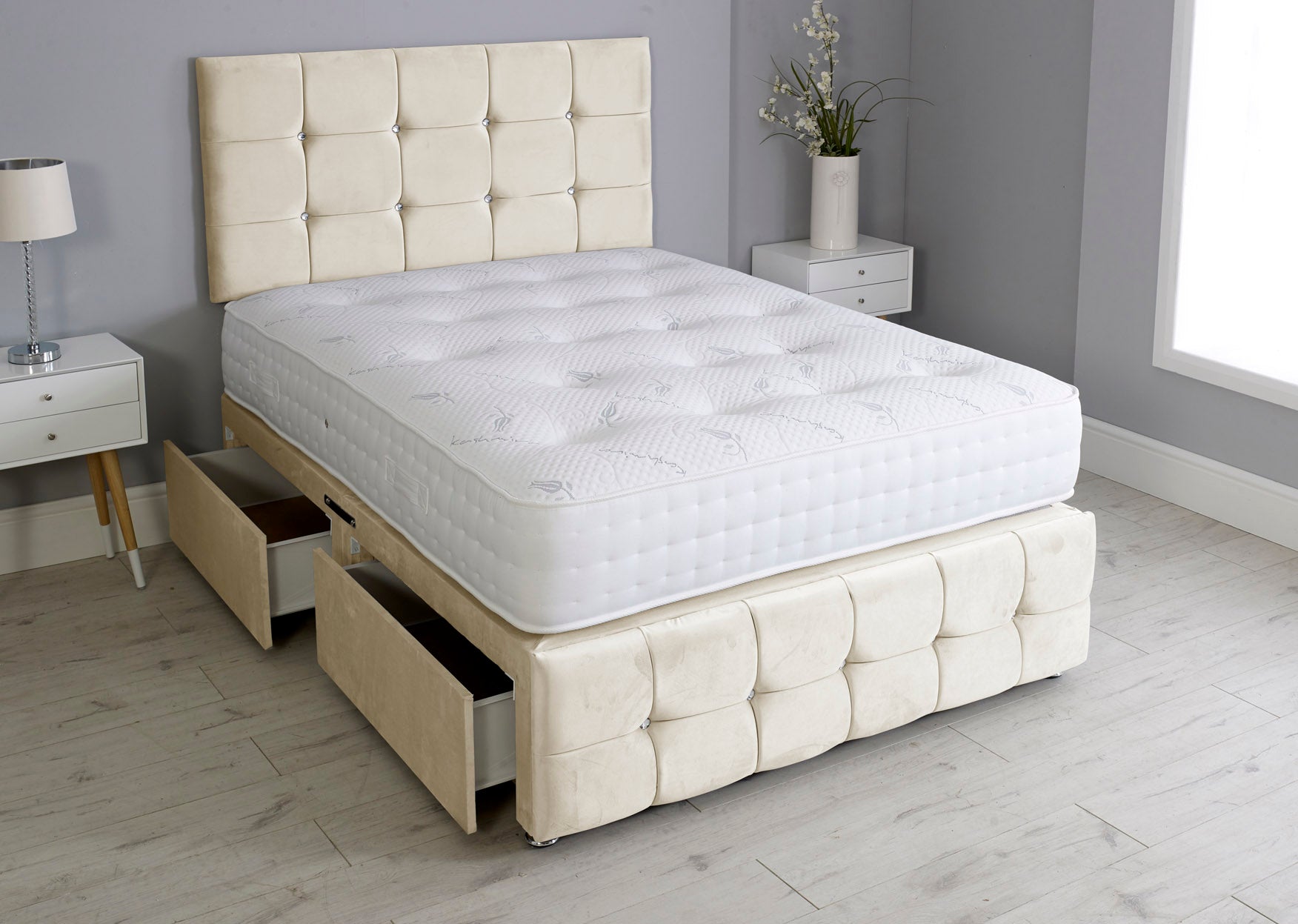 Cuboid Cube Divan Bed Set With Footboard And Pocket Mattress And Headboard