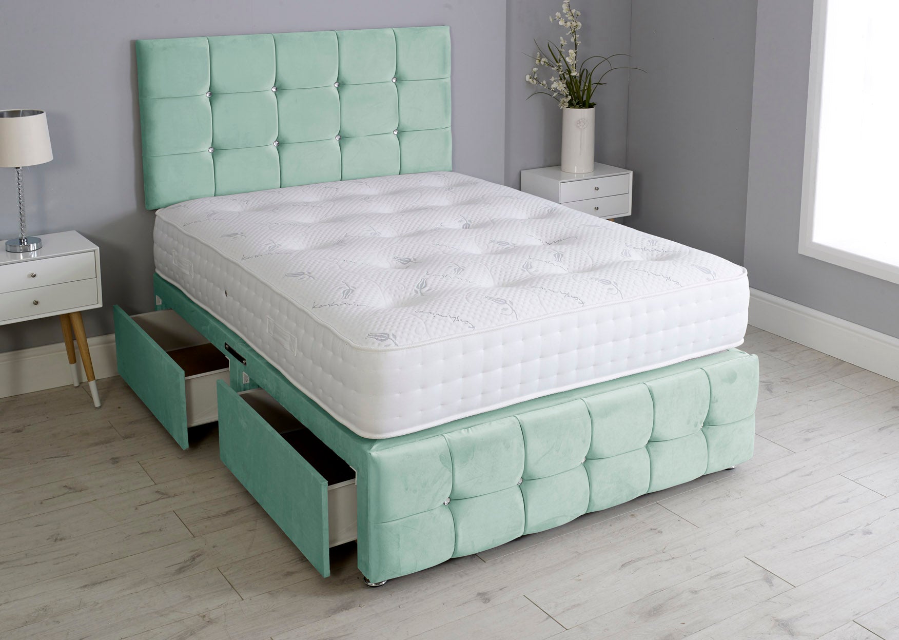 Cuboid Cube Divan Bed Set With Footboard And Pocket Mattress And Headboard