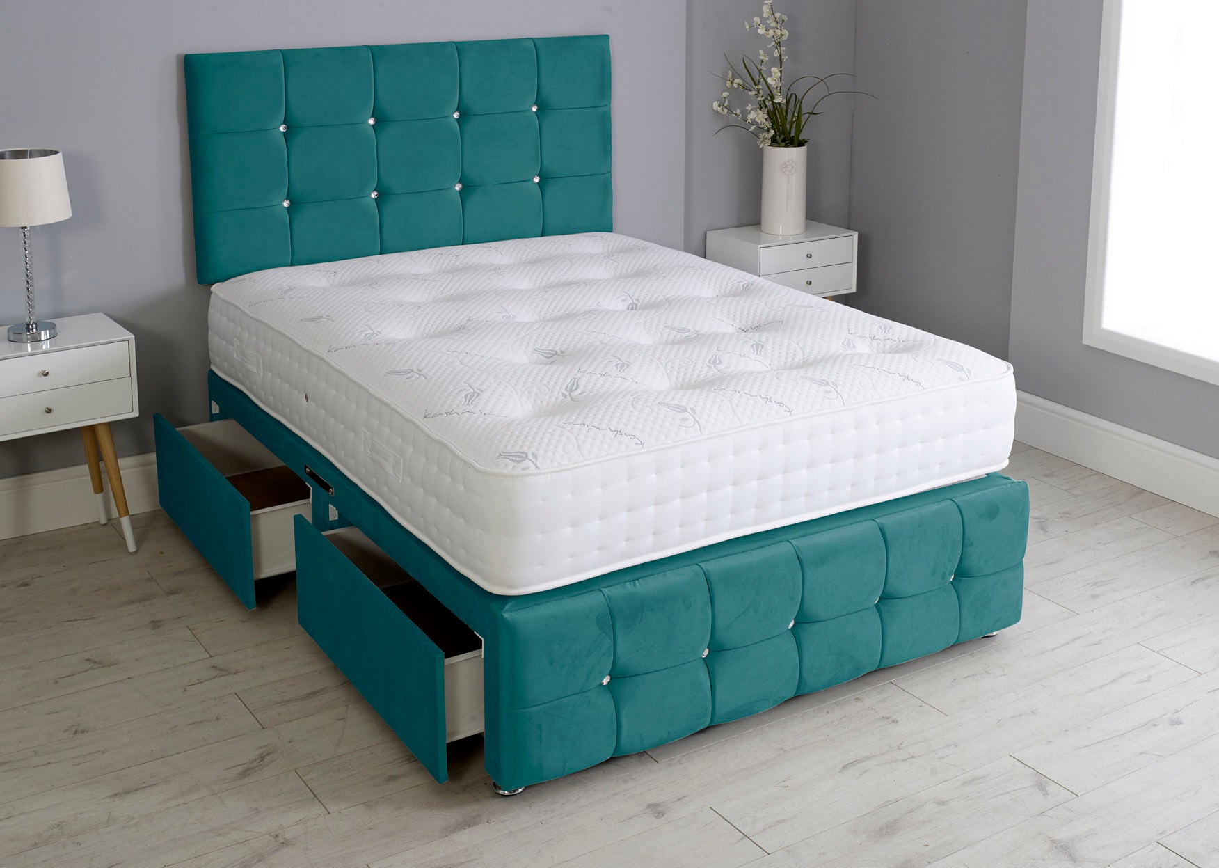 Cuboid Cube Divan Bed Set With Footboard And Pocket Mattress And Headboard