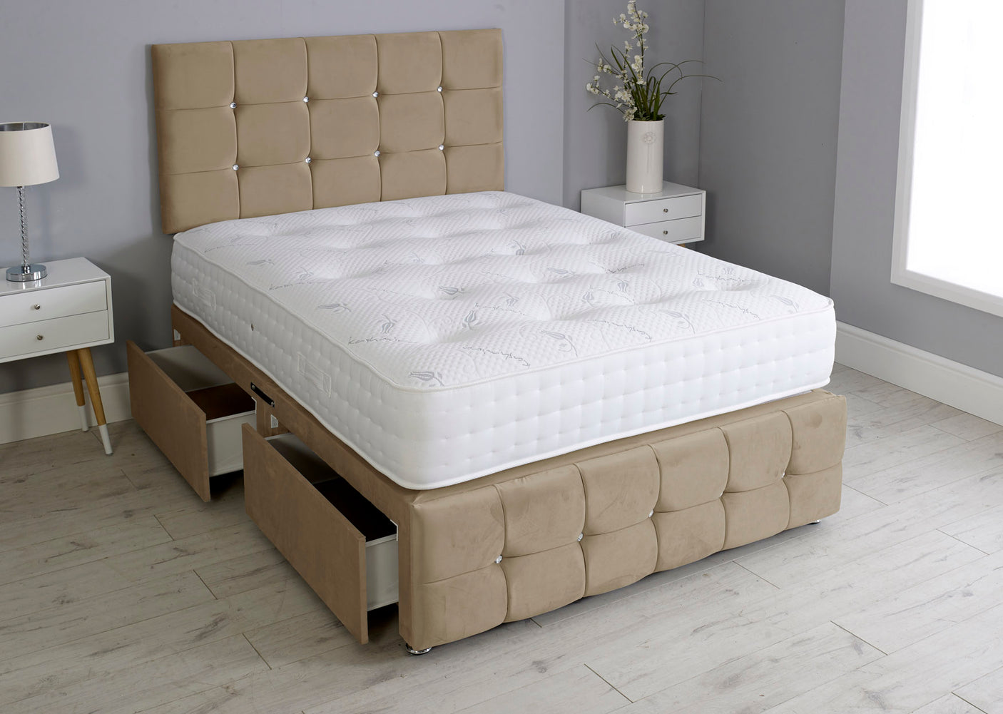 Cuboid Cube Divan Bed Set With Footboard And Pocket Mattress And Headboard