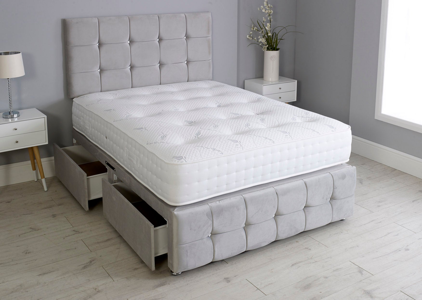 Cuboid Cube Divan Bed Set With Footboard And Pocket Mattress And Headboard