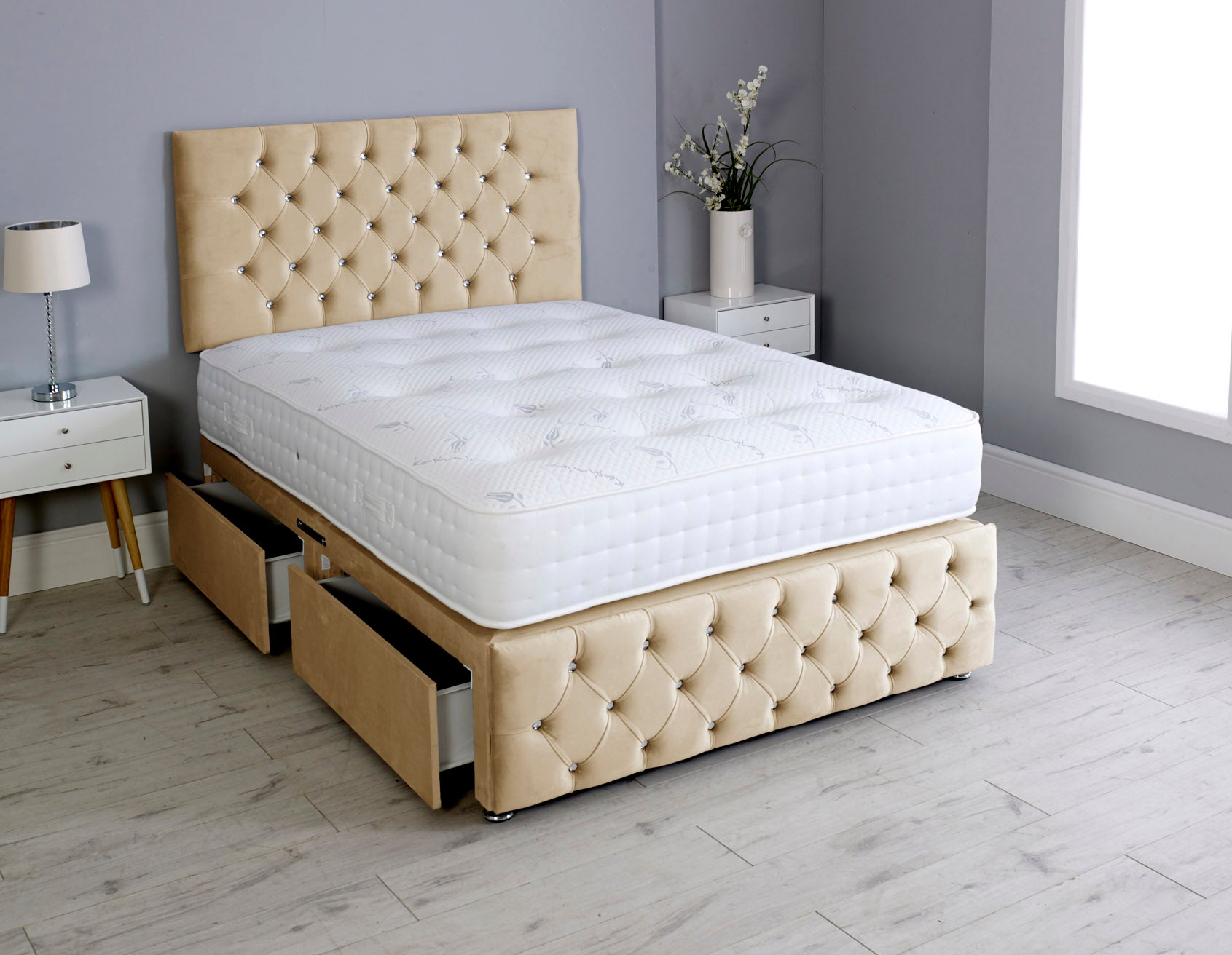 Milly Chesterfield Divan Bed Set With Footboard And Pocket Memory Mattress And Headboard