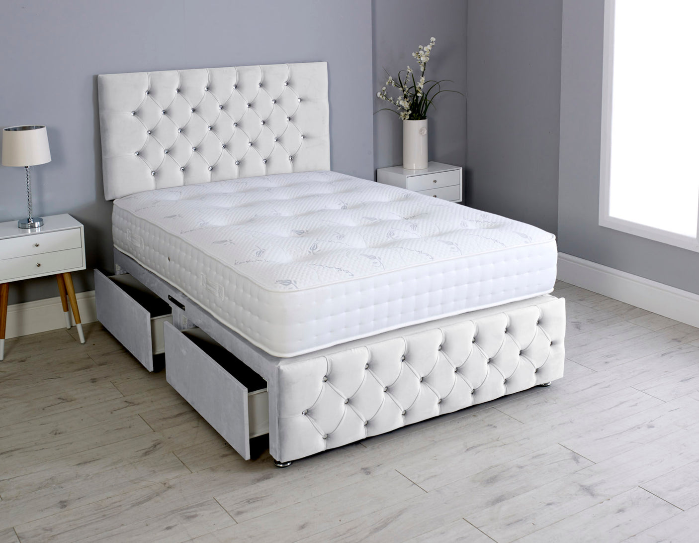 Milly Chesterfield Divan Bed Set With Footboard And Pocket Memory Mattress And Headboard