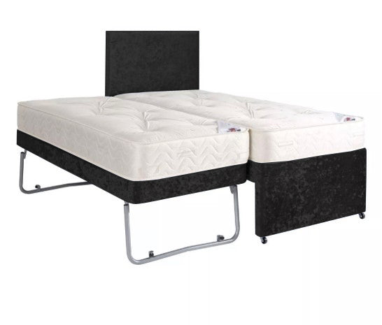 Black-Crushed-Velvet-Guest-Bed-Trundle-Bed-2in1-Sleeper-Spare-Room-Bed-Set-Chenille-Divan-Orthopaedic-Mattress-Shorty-Mattress-Headboard-Bed-Set