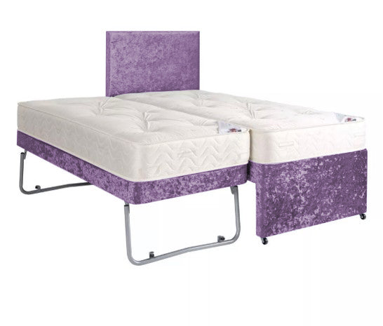 Purple-Crushed-Velvet-Guest-Bed-Trundle-Bed-2in1-Sleeper-Spare-Room-Bed-Set-Chenille-Divan-Orthopaedic-Mattress-Shorty-Mattress-Headboard-Bed-Set
