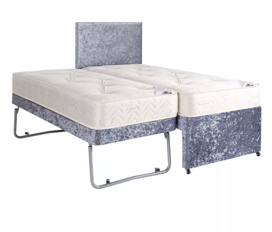 Silver-Crushed-Velvet-Guest-Bed-Trundle-Bed-2in1-Sleeper-Spare-Room-Bed-Set-Chenille-Divan-Orthopaedic-Mattress-Shorty-Mattress-Headboard-Bed-Set